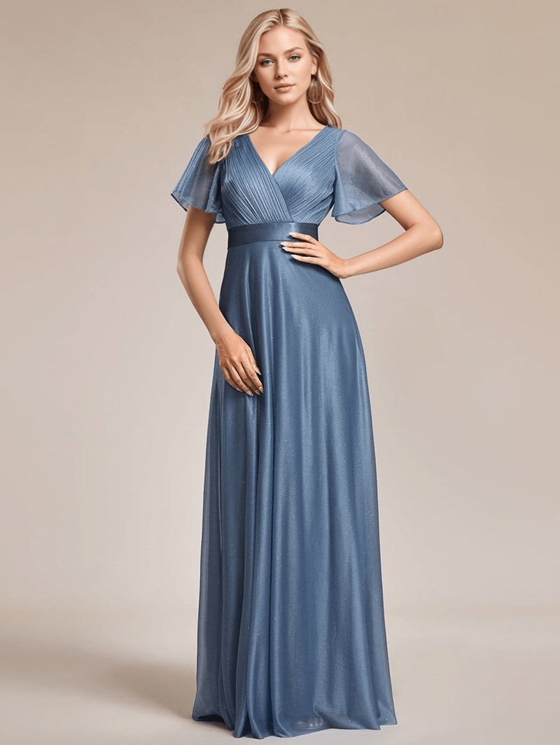 Robe de soirée longue bleue fluide femme manches courtes chic pour mariage invité ou cocktail élégant