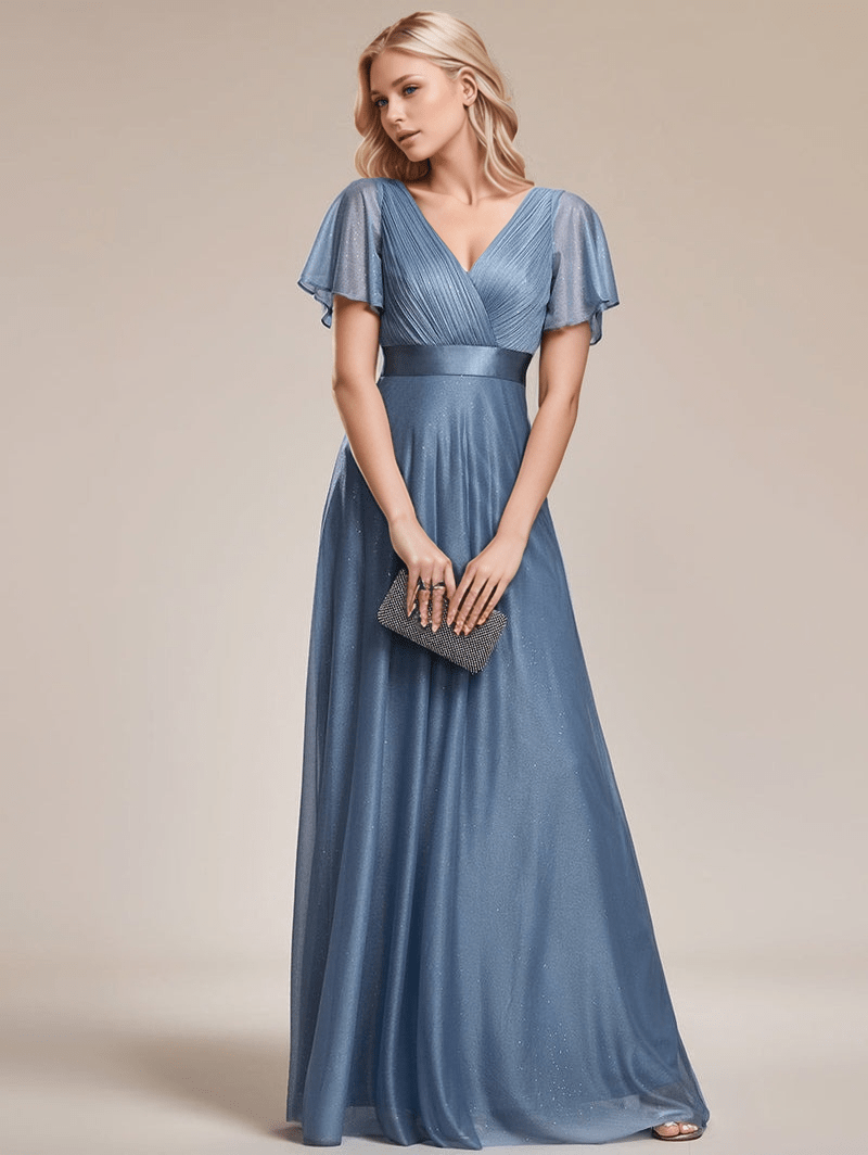 Robe de soirée mariage longue bleu fluide manches courtes chic trapèze avec pochette élégante femme invitée