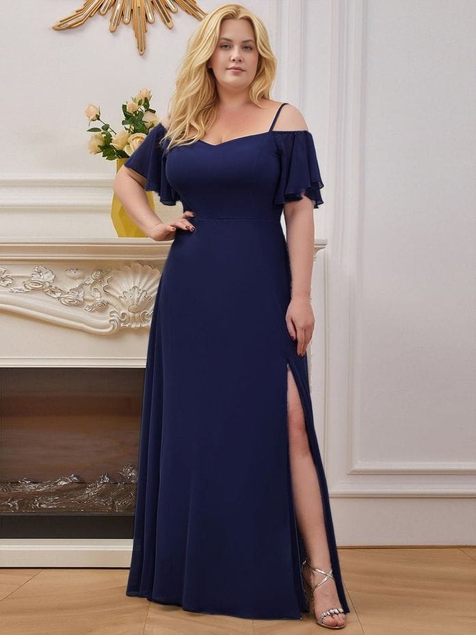 Robe de soirée grande taille longue bleu manches courtes fendue élégante pour évènement chic femme