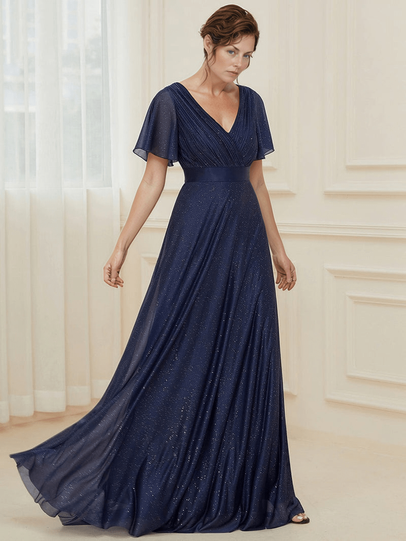 Robe de soirée mariage longue bleu manches courtes fluide chic trapèze femme élégante col v