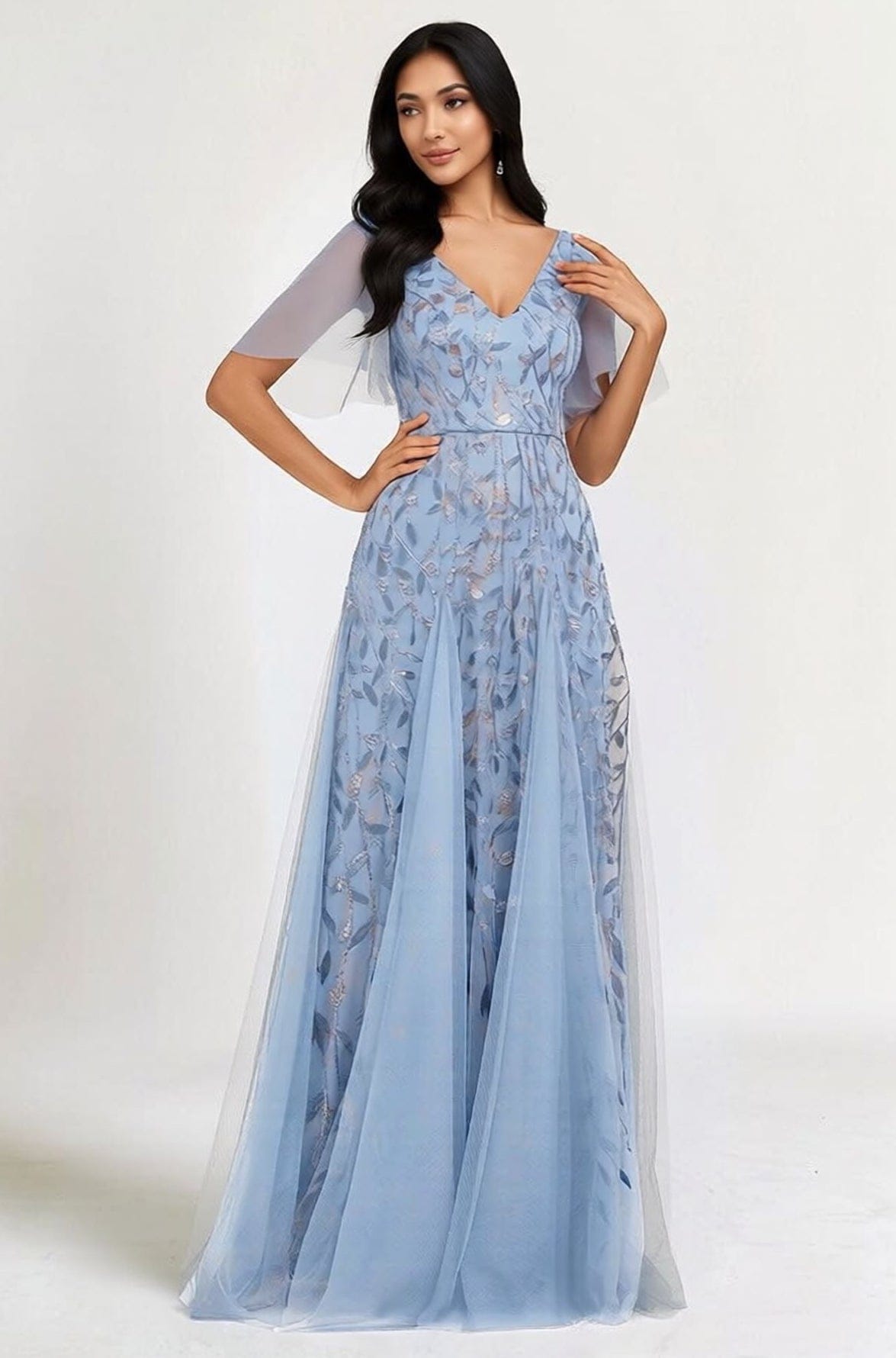 Robe de soirée mariage longue bleue manches courtes fluide femme élégante décolleté chic dentelle invité