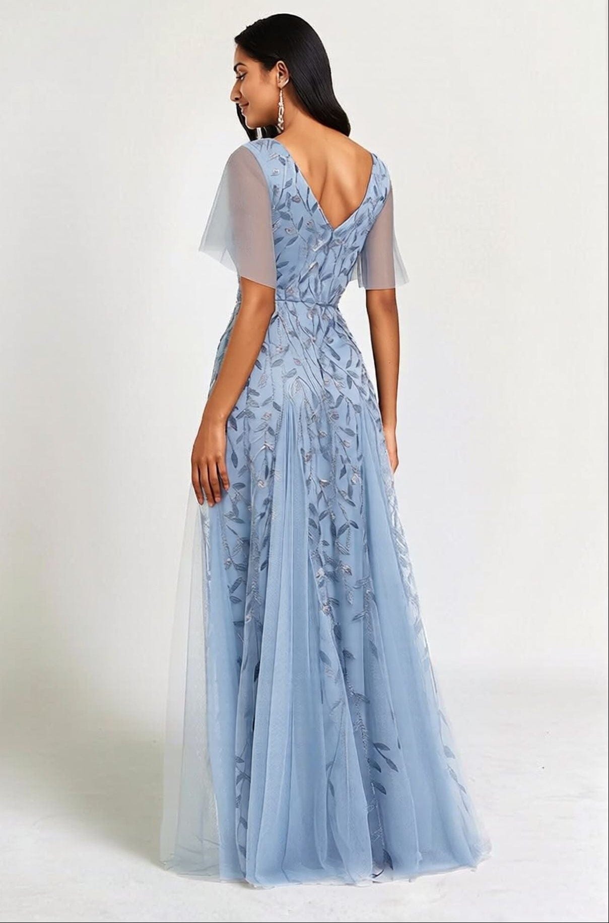 Robe longue bleu bohème soirée mariage manches courtes fluide femme élégante motif feuille dos nu
