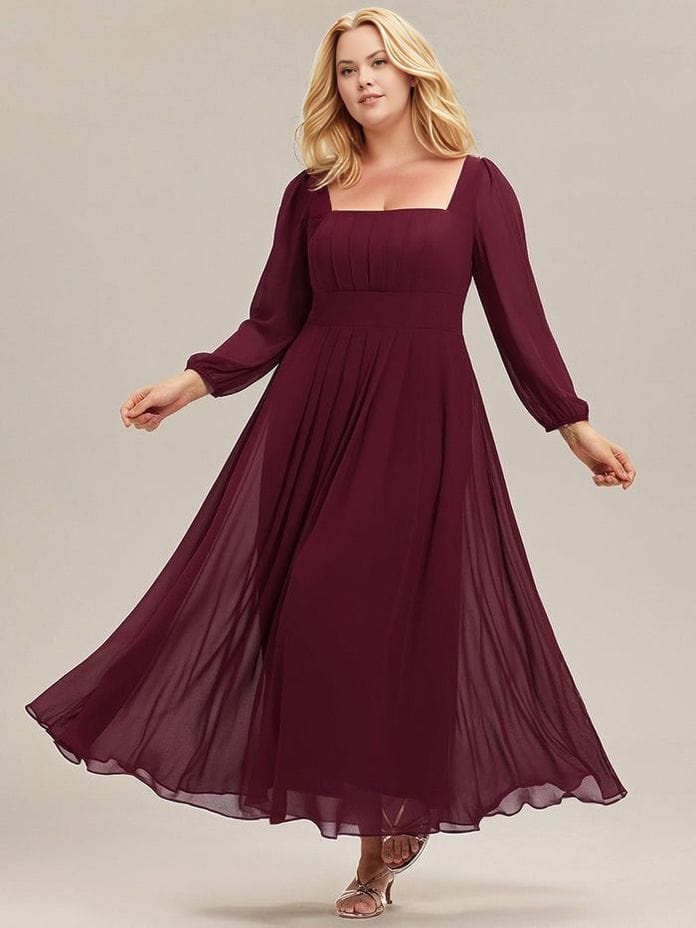 Robe de soirée grande taille longue bordeaux fluide manches longues col carré élégante pour mariage invité