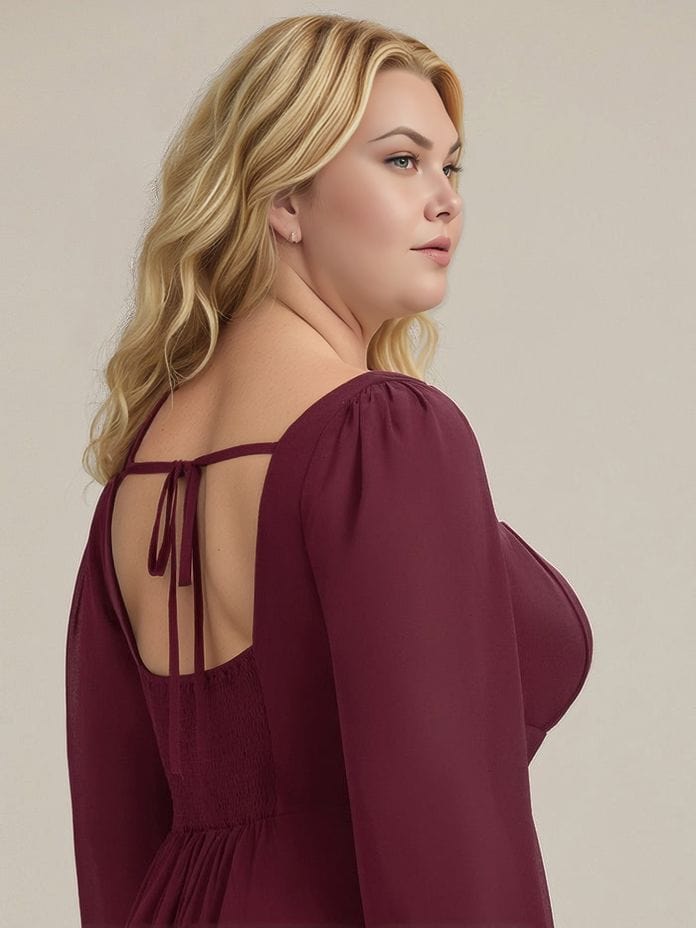 Robe grande taille chic bordeaux dos nu manches longues fluide femme élégante pour soirée mariage invité