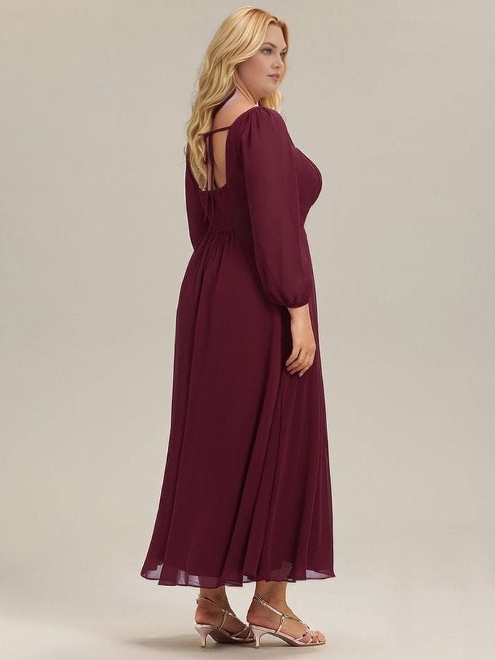 Robe de soirée grande taille longue bordeaux élégante manches longues fluide femme chic pour mariage invité