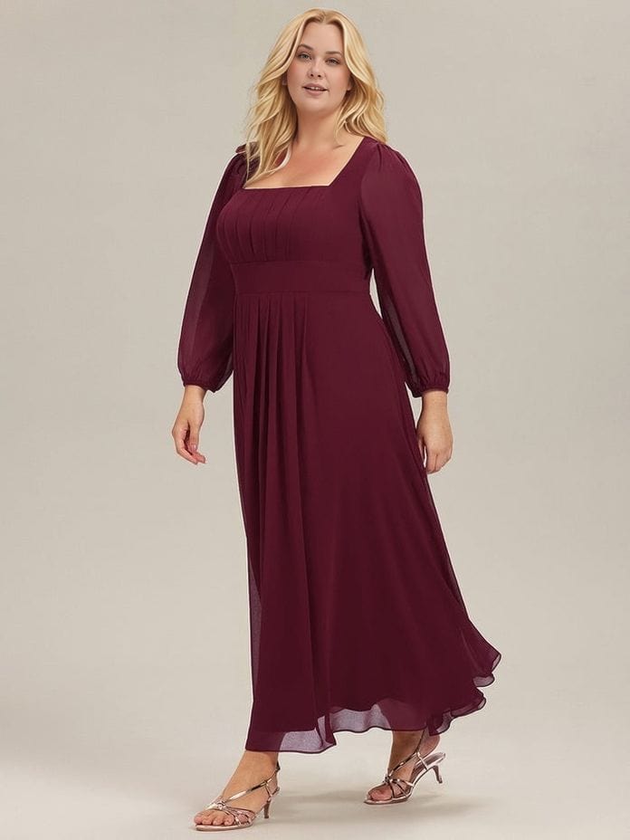Robe de soirée mariage grande taille bordeaux longue fluide manches longues élégante pour femme chic
