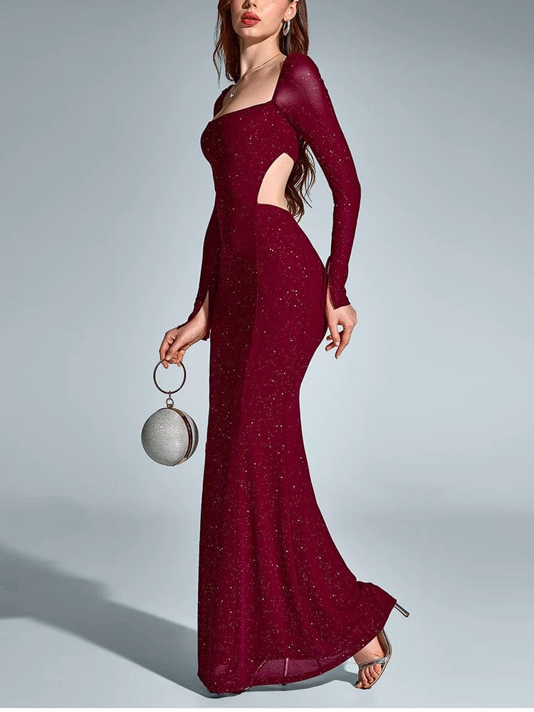 Robe de soirée chic rouge longue moulante manches longues élégante pour un événement glamour.