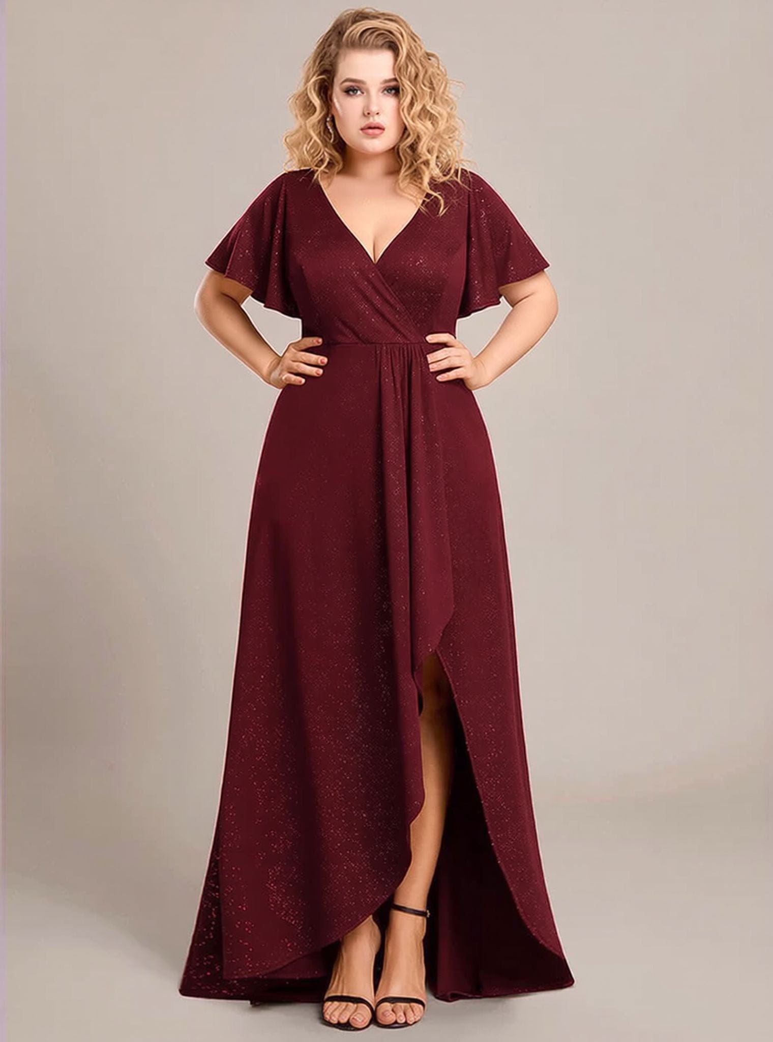 Robe de soirée grande taille chic bordeaux longue fendue décolleté manches courtes élégante pour mariage