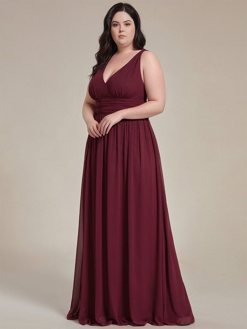 Robe de soirée mariage longue bordeaux grande taille chic décolleté sans manches élégante pour femme