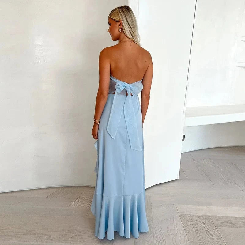 Robe de soirée mariage longue bleue dos nu chic avec nœud élégant, style bohème invitée été tendance