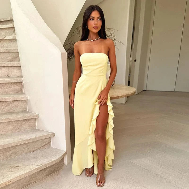 Robe de soirée chic longue jaune bustier fendue avec volants, idéale pour mariage invité ou cocktail élégant