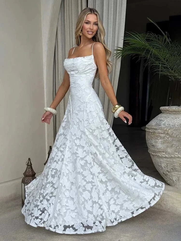 Robe longue blanche fleurie été élégante sans manches style bohème idéale pour demoiselle d’honneur mariage