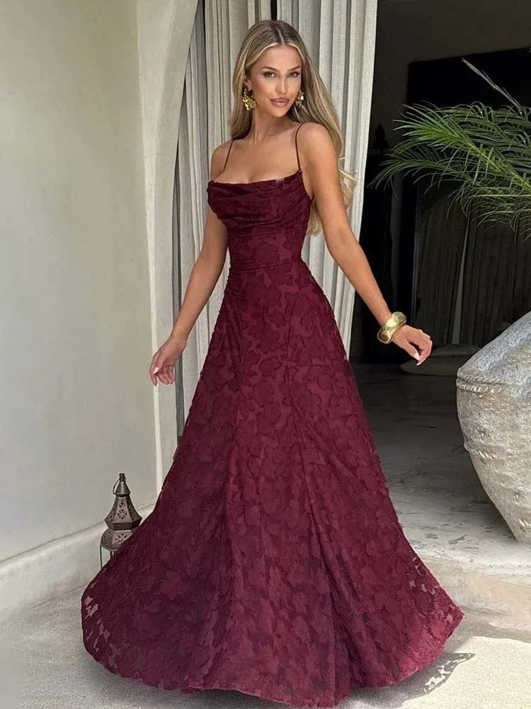Robe de soirée mariage longue bordeaux trapèze sans manches chic élégante bustier dentelle femme invitée