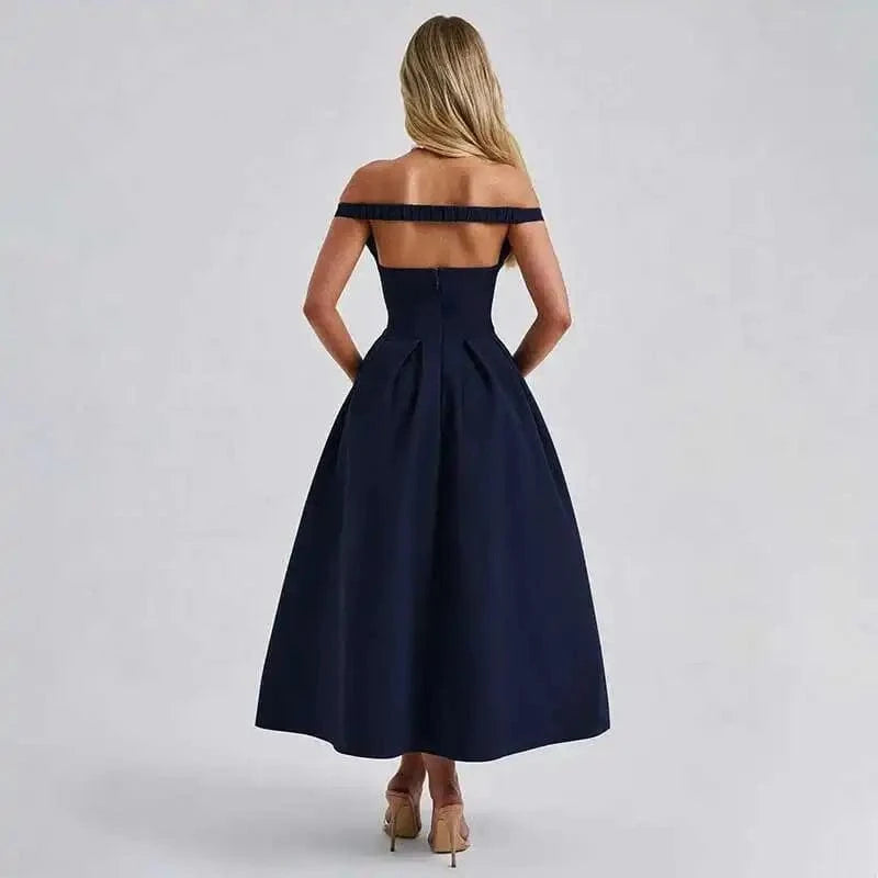 Robe de soirée chic midi bleu épaules dénudées trapèze élégante pour invitée mariage ou cocktail femme