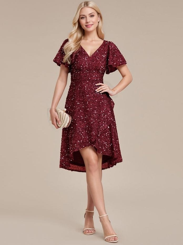 Robe de soirée cocktail paillette courte bordeaux trapèze manches courtes chic avec pochette perlée élégant