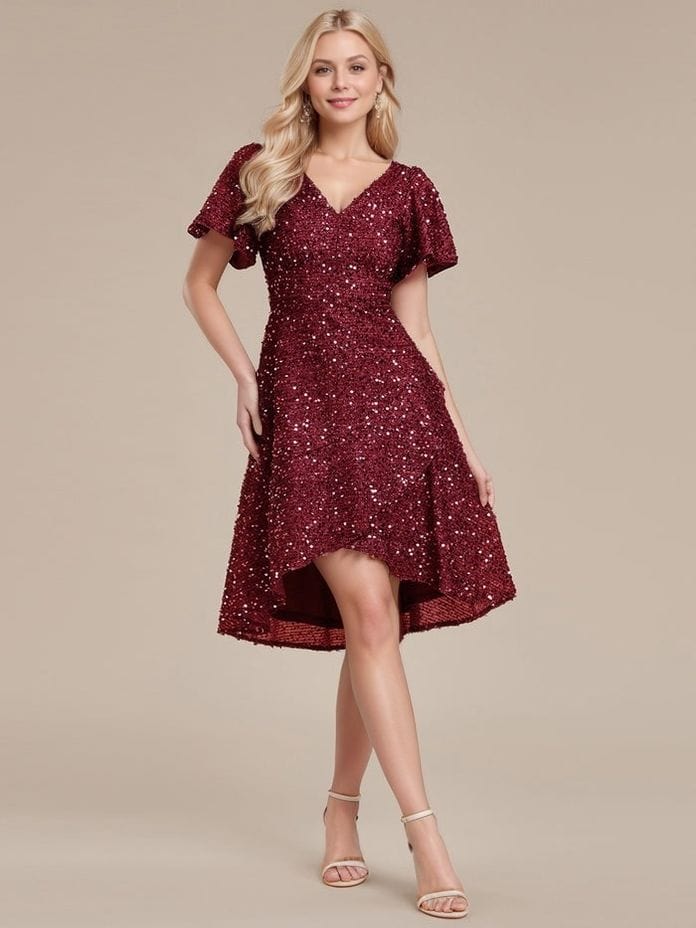 Robe de soirée cocktail bordeaux courte à manches courtes, style chic et pailleté, décolleté en v, élégante