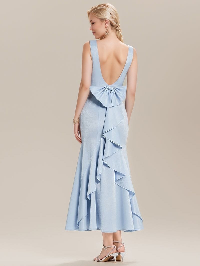 Robe dos nu soirée chic bleu asymétrique midi évasée sans manches élégante, idéale mariage invité été