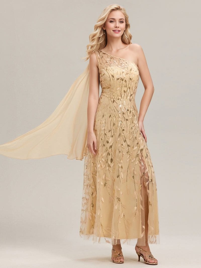 Robe de soirée gala longue dorée une épaule fendue fluide élégante femme pour évènement chic sophistiqué