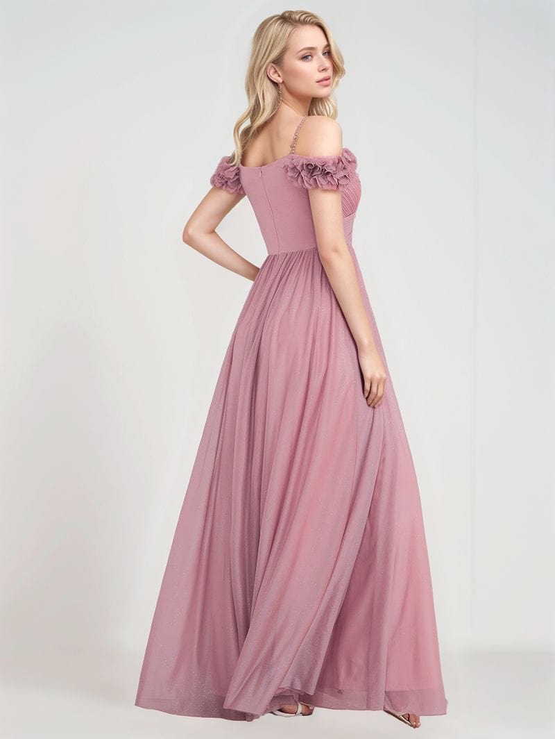 Robe de soirée mariage longue rose poudré décolleté épaules dénudées style princesse élégante en tulle