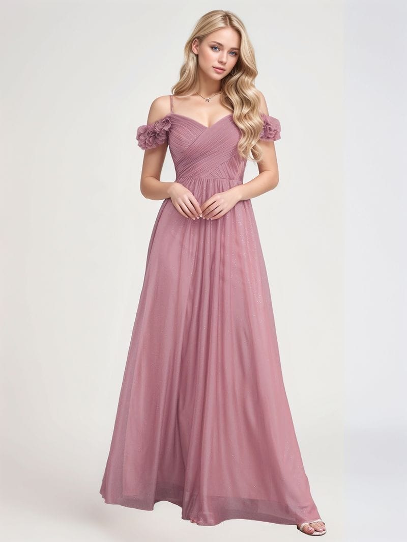 Robe longue rose poudré soirée chic décolleté princesse épaules dénudées manches courtes fluide élégante