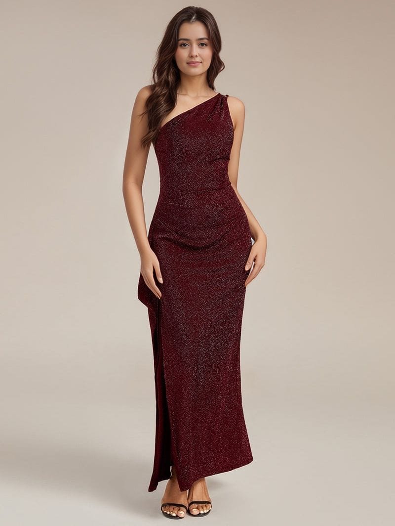 Robe de soirée mariage longue moulante bordeaux asymétrique décolleté femme élégante tendance chic