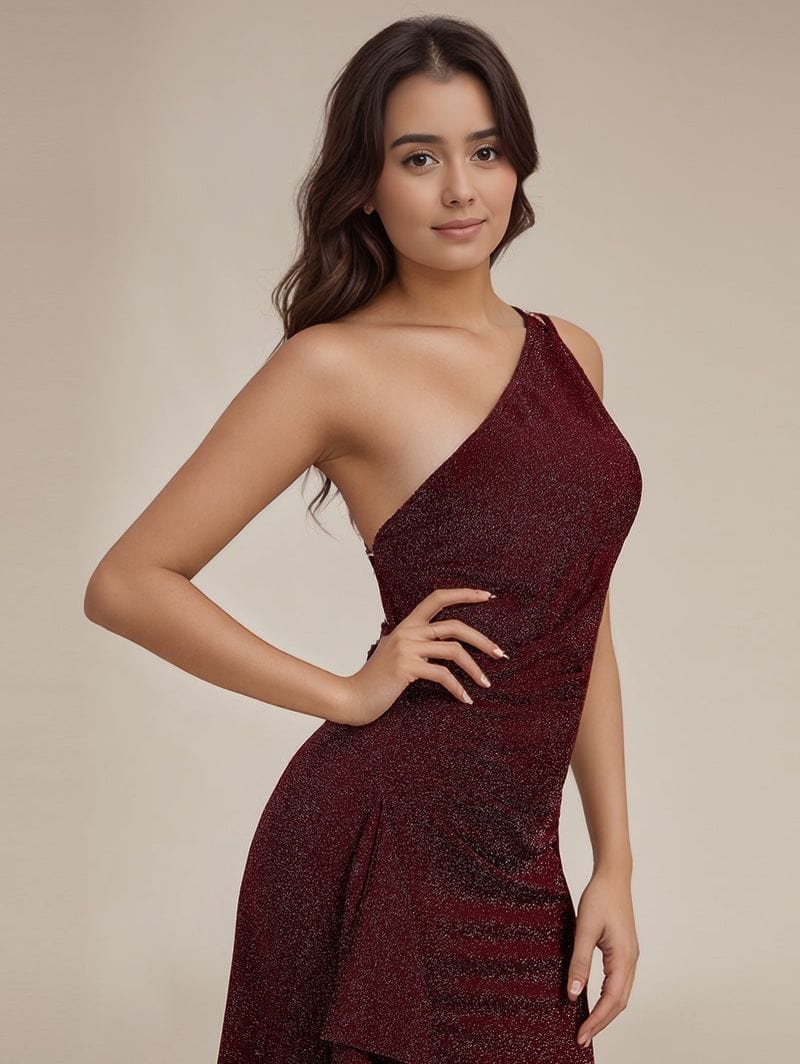 Robe de soirée paillette bordeaux longue moulante sans manches décolleté chic élégante pour femme
