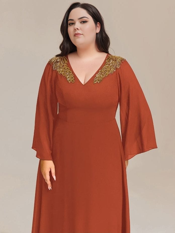 Robe de soirée grande taille terracotta longue manches longues chic pour femme ronde épaules brodées élégantes