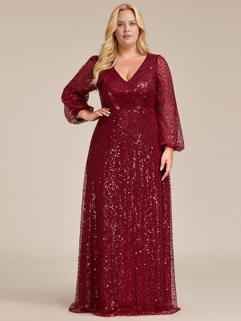 Robe de soirée mariage grande taille chic bordeaux longue manches longues élégante avec sequins scintillants