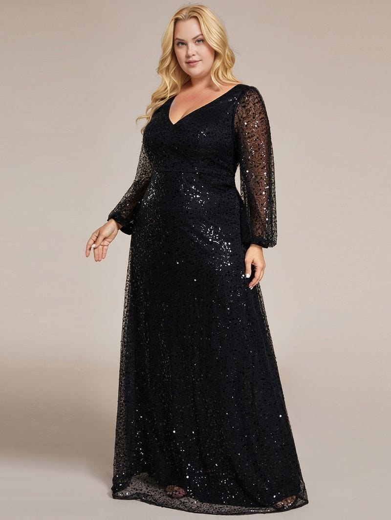 Robe de soirée grande taille chic noire longue manches longues pailletée élégante pour évènement spécial