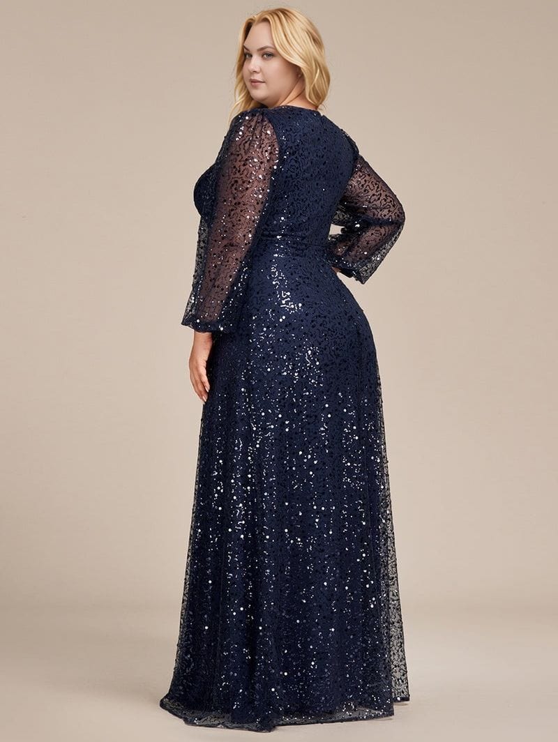 Robe de soirée grande taille chic longue sequin bleu manches longues élégante pour mariage ou gala femme