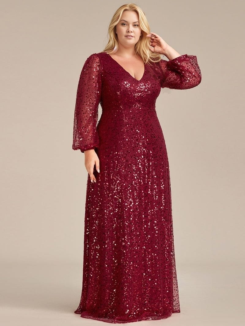 Robe de soirée grande taille chic longue bordeaux sequin manches longues élégante pour mariage invité
