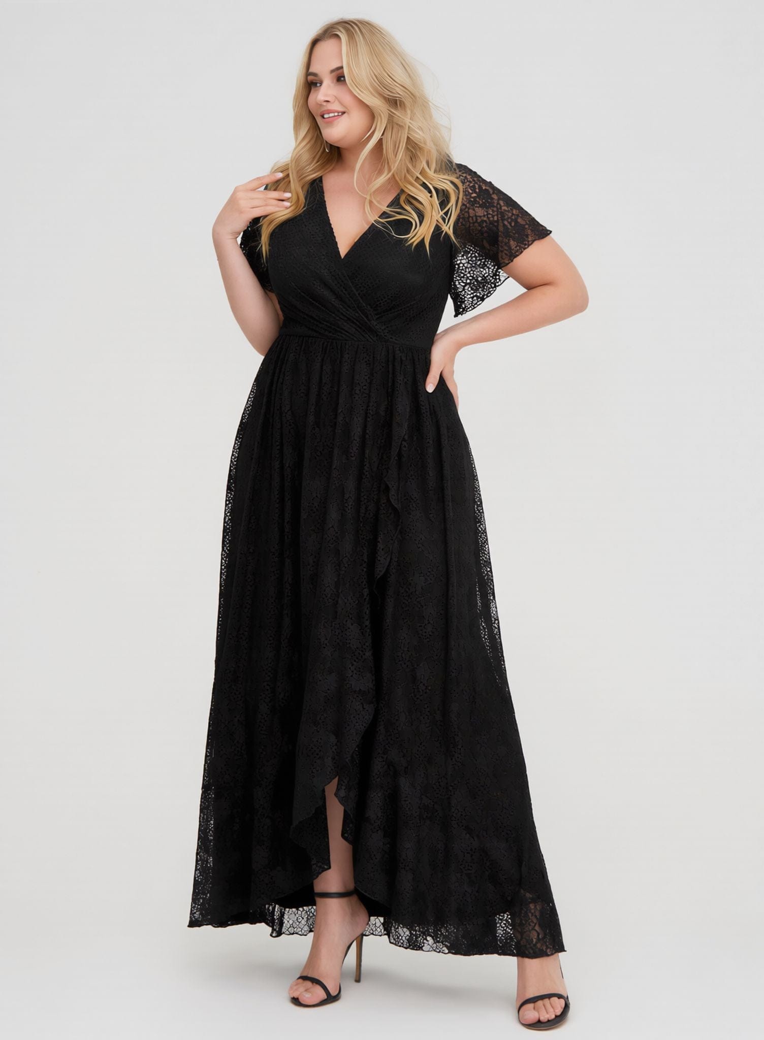 Robe de soirée grande taille chic longue noire manches courtes dentelle élégante femme pour mariage