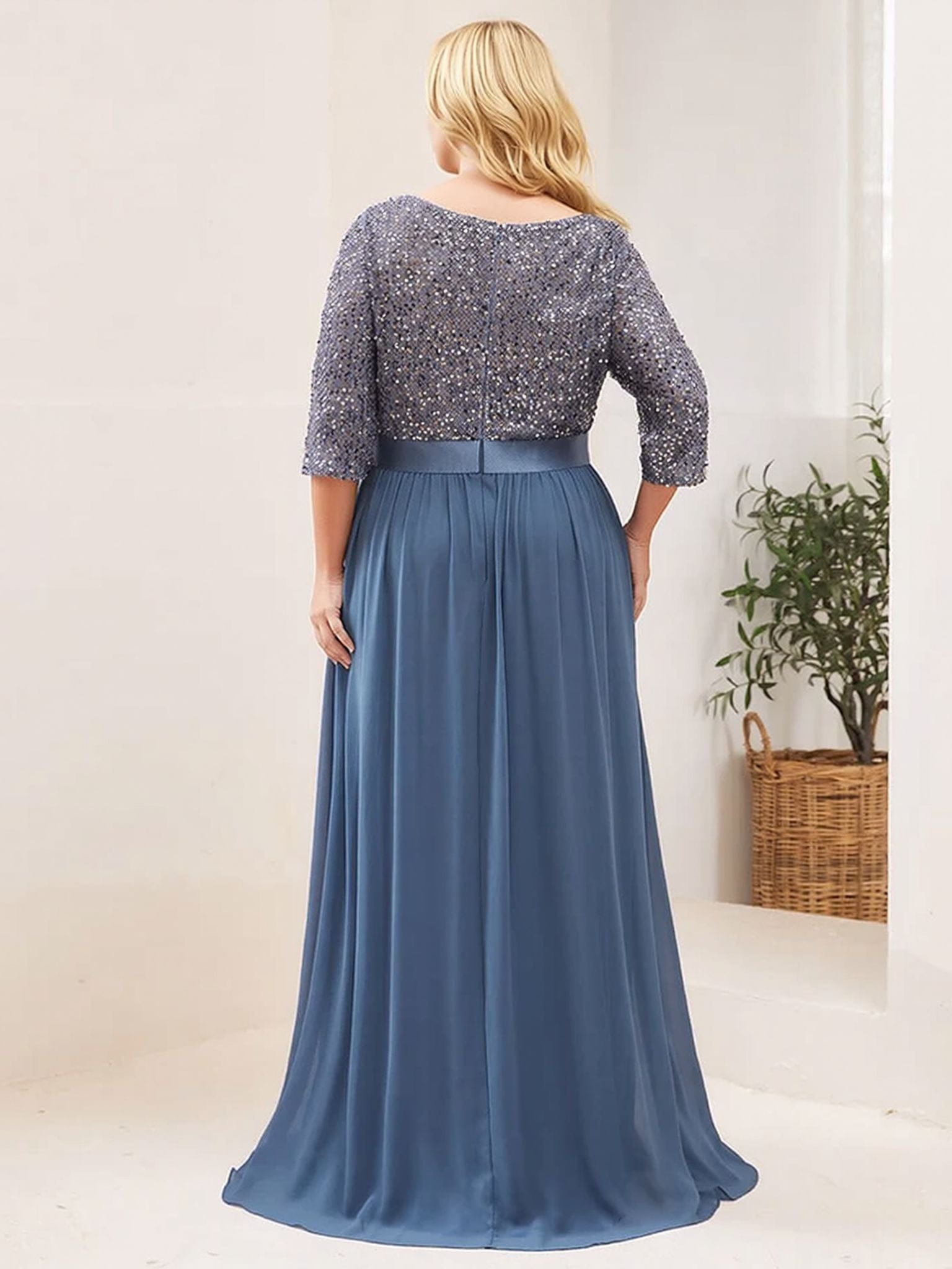 Robe de soirée mariage grande taille longue bleu manches trois quarts chic élégante pour femme