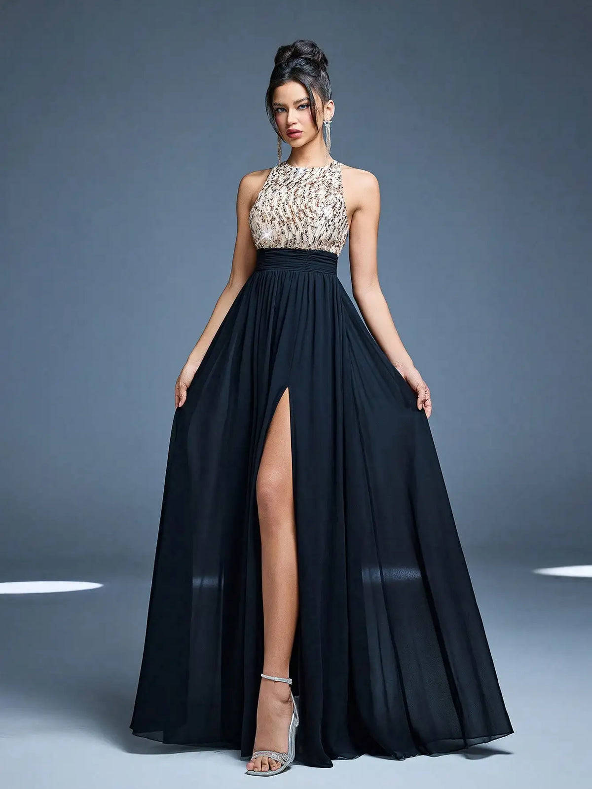 Robe de soirée longue chic haut en paillettes