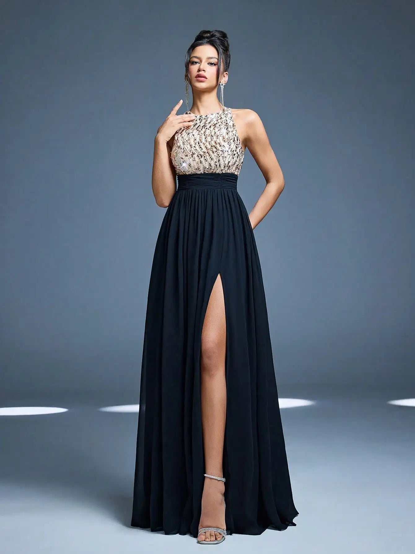 Robe de soirée longue chic haut en paillettes