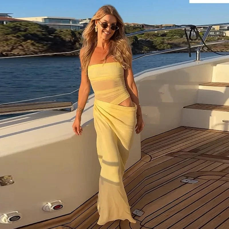 Robe longue soirée été jaune moulante bustier sans manches chic décolleté fluide femme élégante yacht