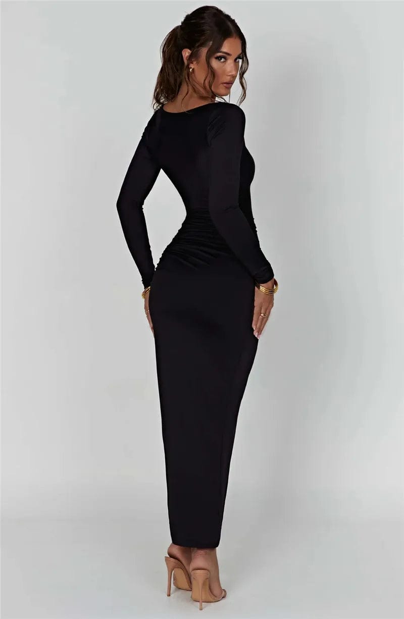 Robe de soirée longue noire, style chic, fendue à l'arrière, manches longues, idéale pour cocktail ou gala.
