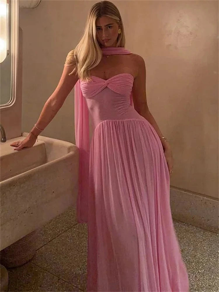 Robe longue rose pour soirée chic bustier fluide élégante, idéale mariage invitée ou gala évènement estival