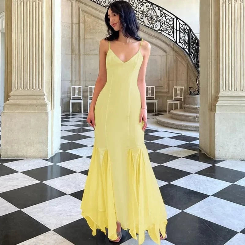 Robe longue jaune soirée chic décolleté fluide femme élégante, idéale mariage invitée événement élégant