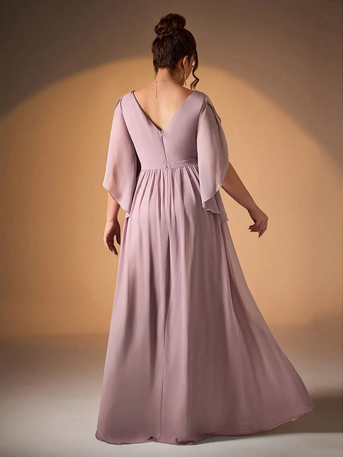 Robe de soirée longue rose poudré grande taille manches fluides