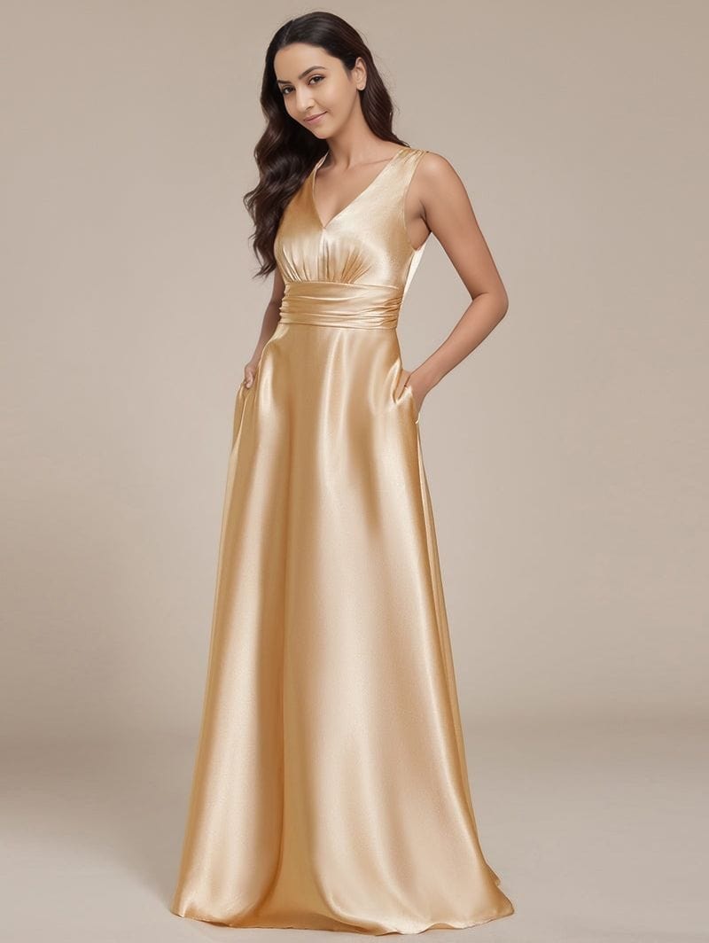 Robe longue satinée dorée soirée chic sans manches décolleté fluide élégante pour mariage ou cocktail