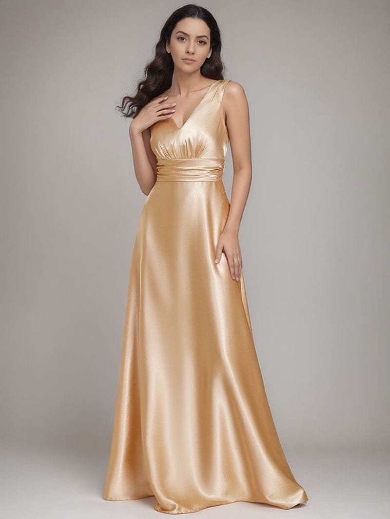 Robe longue dorée soirée chic décolleté fluide sans manches élégante pour mariage ou évènement spécial