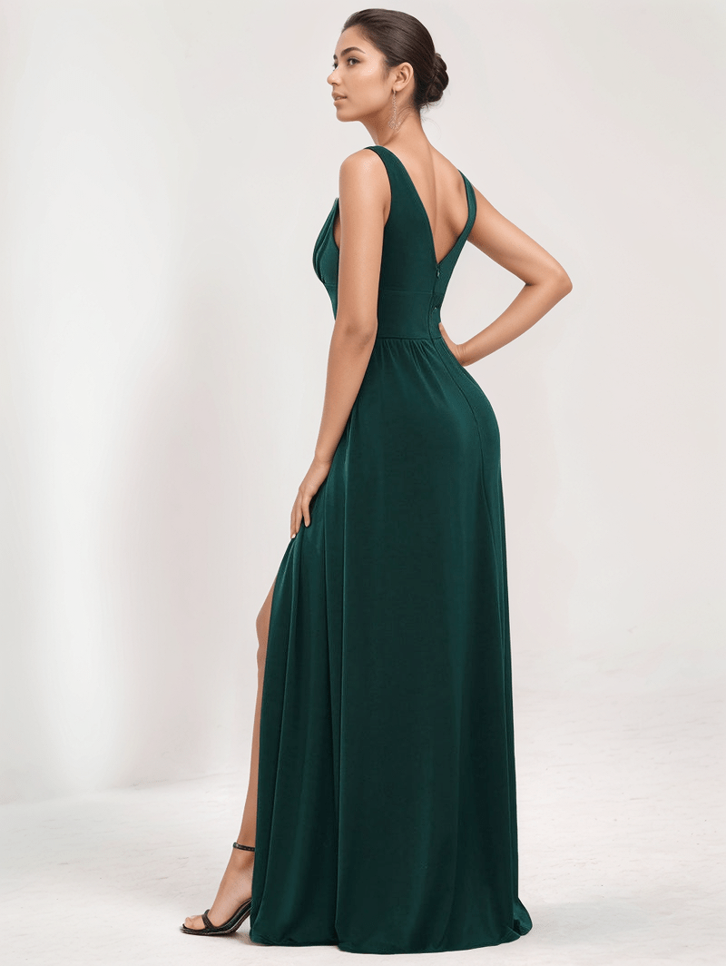 Robe longue soirée dos nu élégante verte fendue style chic pour mariage ou événement habillé femme