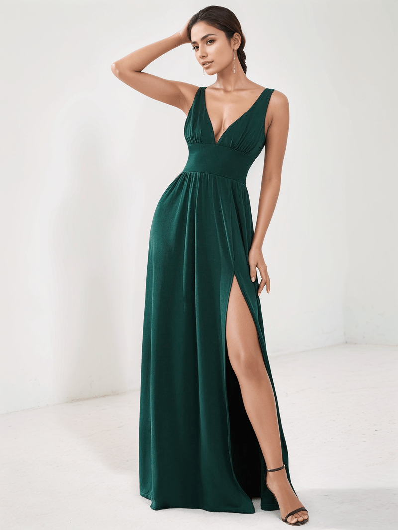 Robe de soirée chic longue verte fendue décolleté sans manches élégante pour mariage invitée ou gala été femme