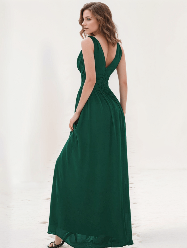 Robe de soirée chic longue verte dos nu fluide pour mariage invité ou événement élégant été femme