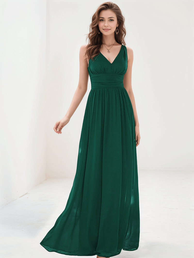 Robe de soirée mariage chic longue verte sans manches décolleté fluide élégante pour invitée événement spécial