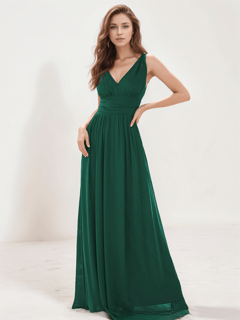 Robe de soirée longue chic verte décolleté fluide sans manches trapèze élégante pour mariage invitée