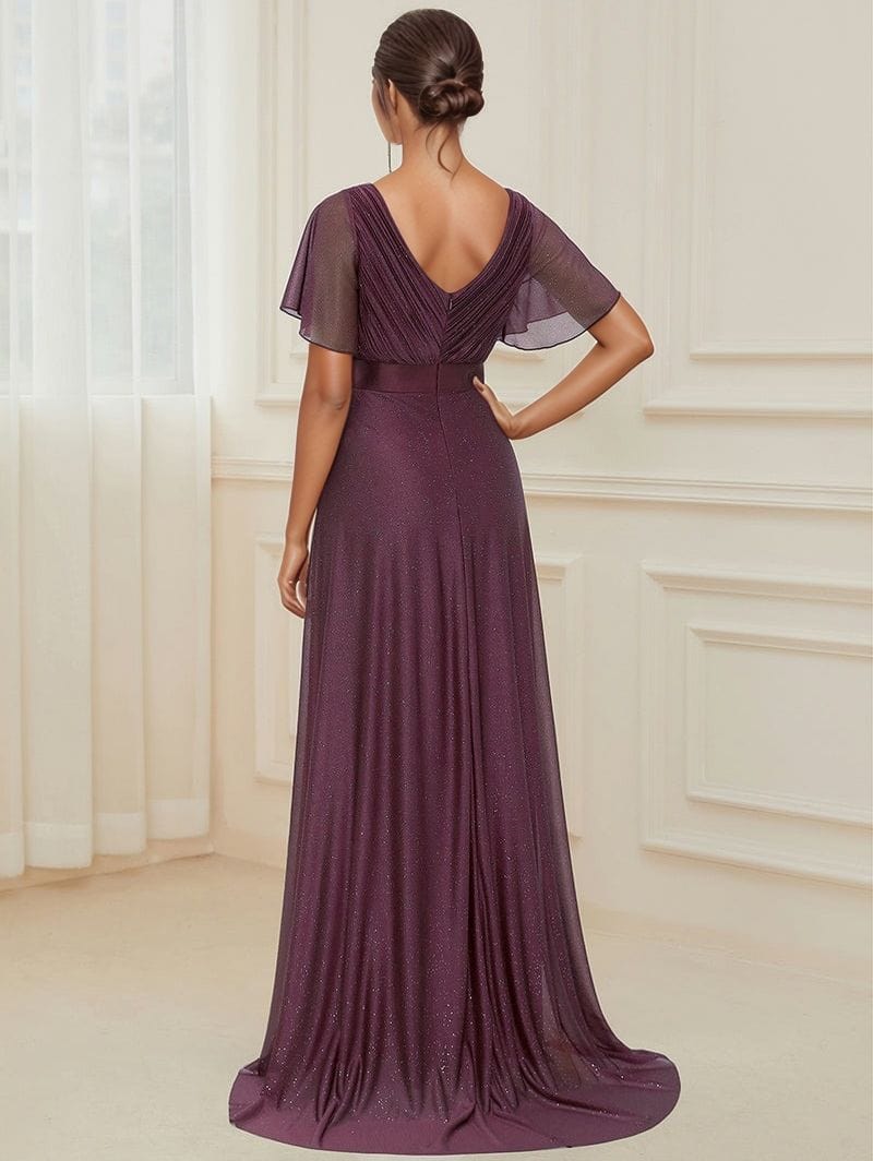 Robe de soirée longue trapèze violette manches courtes dos nu élégante femme pour mariage invité chic