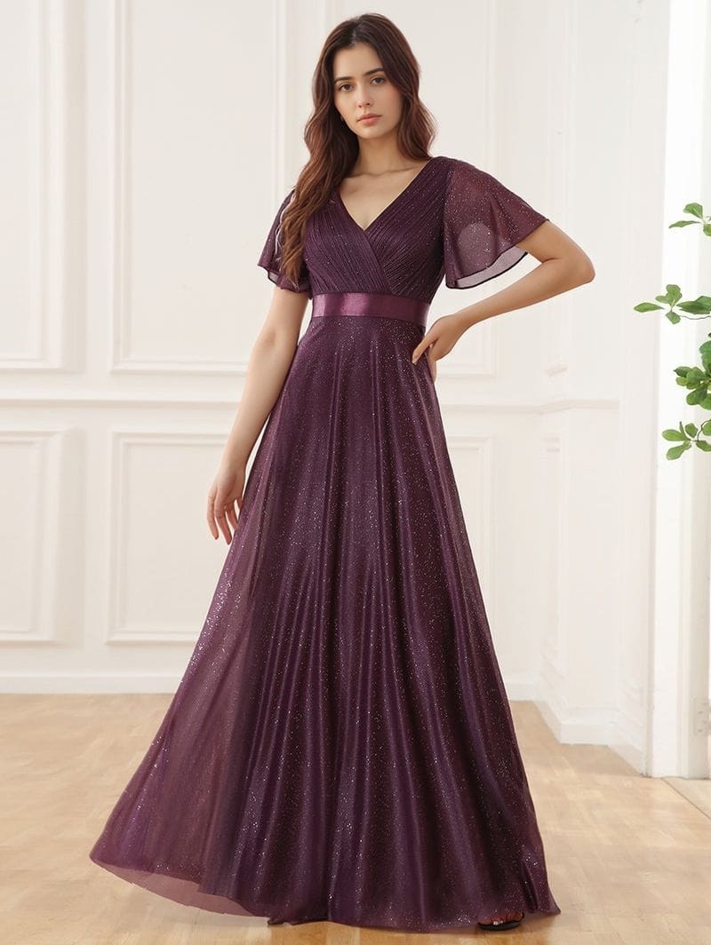 Robe de soirée chic longue violette évasée manches courtes scintillante élégante pour mariage invité