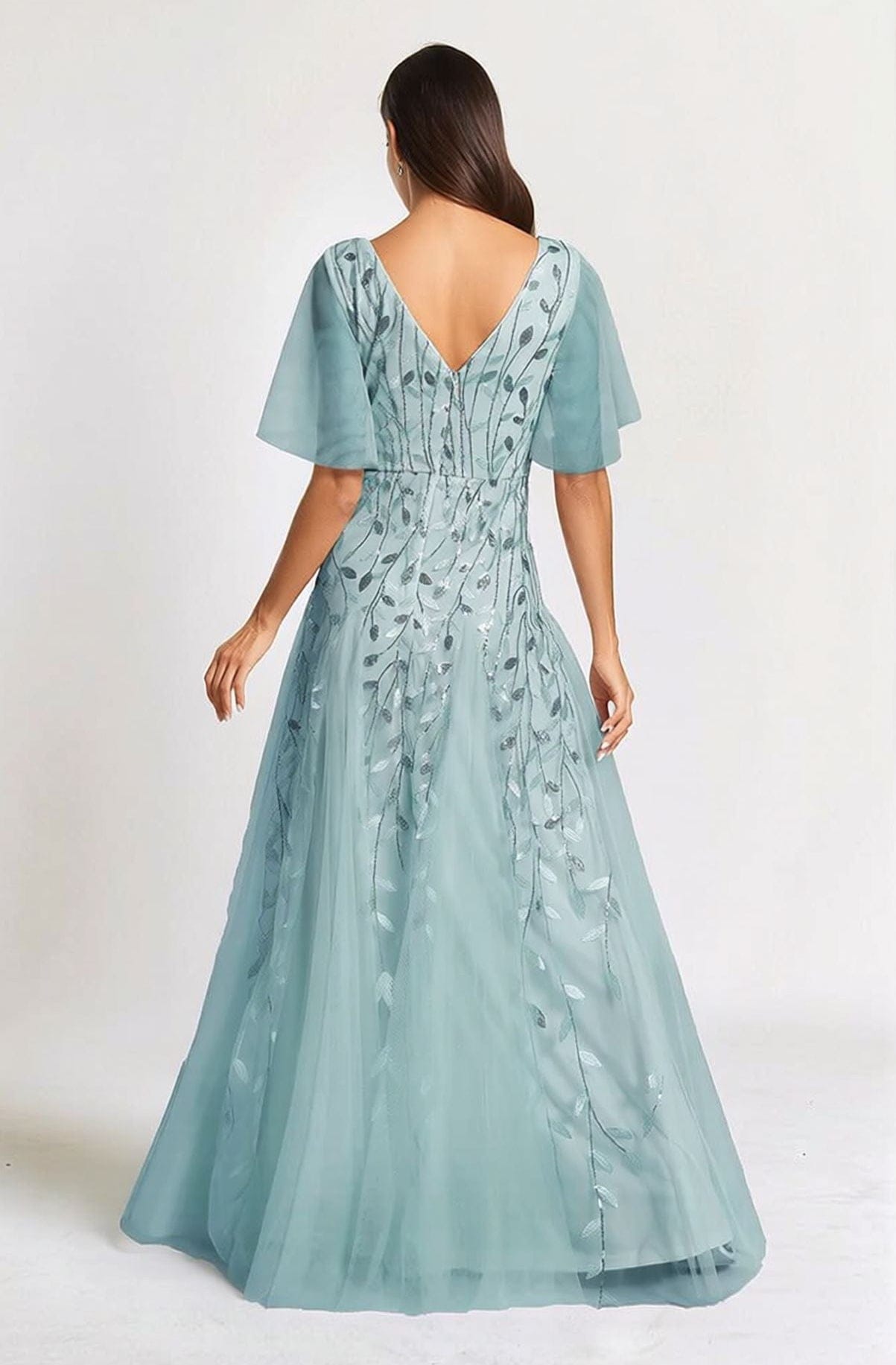 Robe de soirée mariage bohème longue verte manches courtes fluide décolleté dos nu élégante pour invitée
